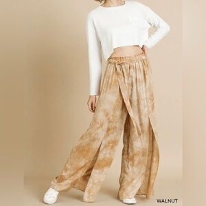 UMGEE Walnut Tie Dyed Front Slit Wide Leg Pants, Size S